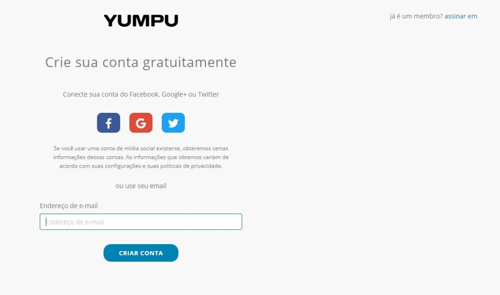 Página de registro na YumpuPublishing